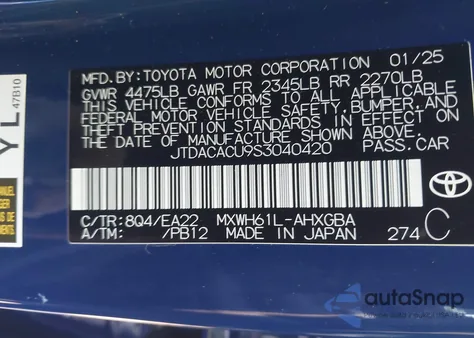 2025 Toyota Prius Plug-In Hybrid Xse from USA, damaged, VIN JTDACACU9S3040420